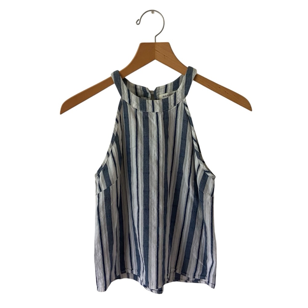 Monteau Blue White Striped Halter Neck Women's 100% Cotton Top Size S